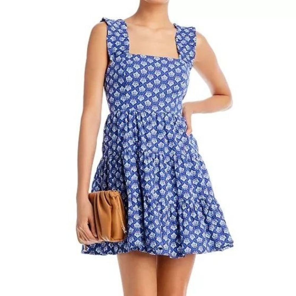 Aqua Blue White Floral Tiered Mini Dress Ruffle Strap Cotton Small Sundress